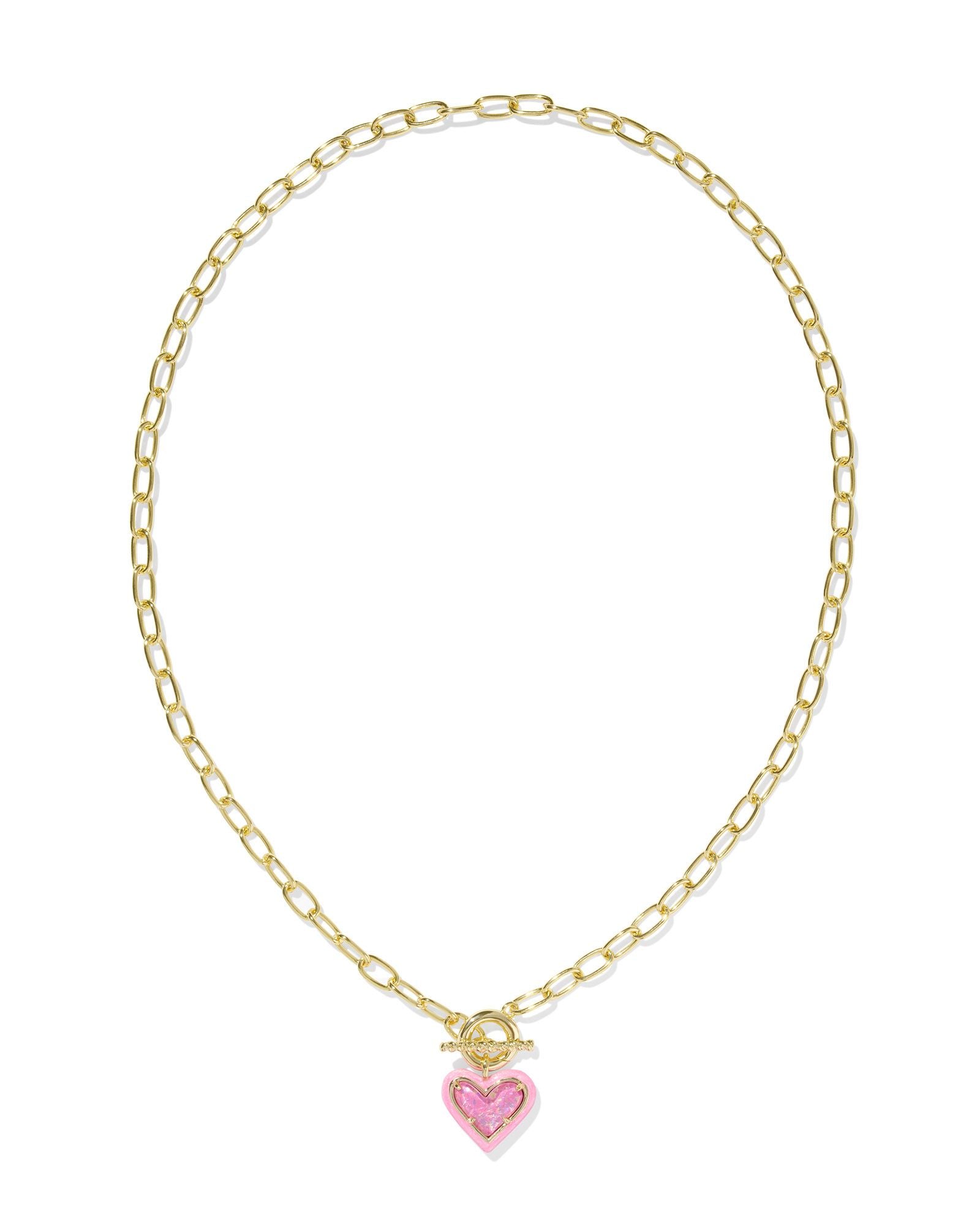 Ari Heart Gold Enamel Frame Link and Chain Necklace Pink Iridescent Glitter Glass