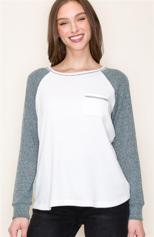 Long Sleeve Round Neck Exposed Stitch Color Block Ivory/Heather Green