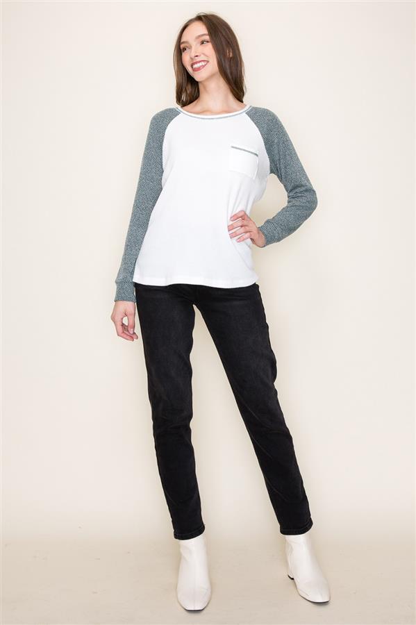 Long Sleeve Round Neck Exposed Stitch Color Block Ivory/Heather Green