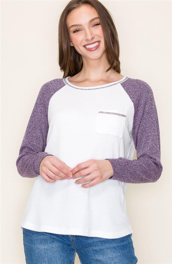 Long Sleeve Round Neck Exposed Stitch Color Block Ivory/Purple