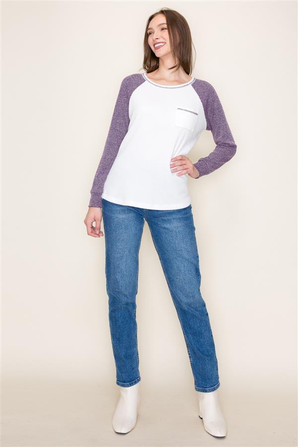 Long Sleeve Round Neck Exposed Stitch Color Block Ivory/Purple