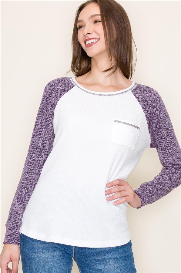 Long Sleeve Round Neck Exposed Stitch Color Block Ivory/Purple