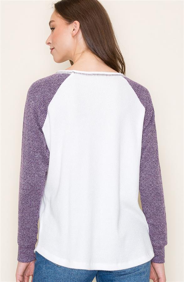 Long Sleeve Round Neck Exposed Stitch Color Block Ivory/Purple