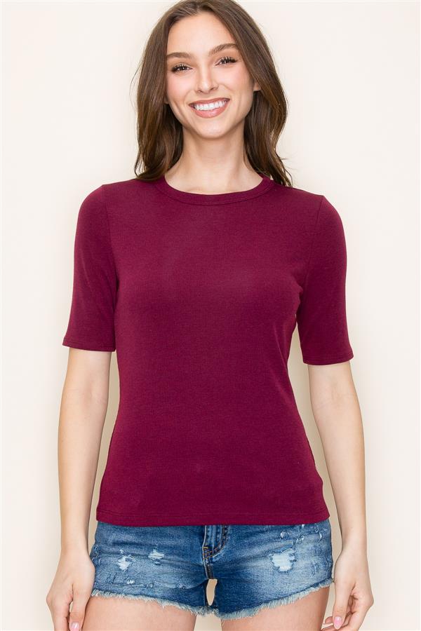 Crew Neck Half Sleeve Fitted Baby Rib Top Wine