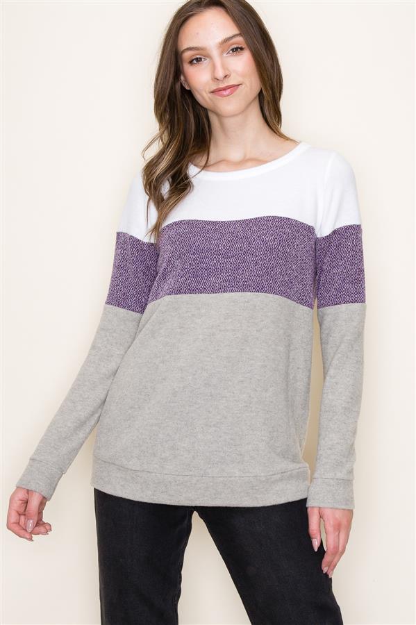 Long Sleeve Round Neck Color Block Brushed Knit Top