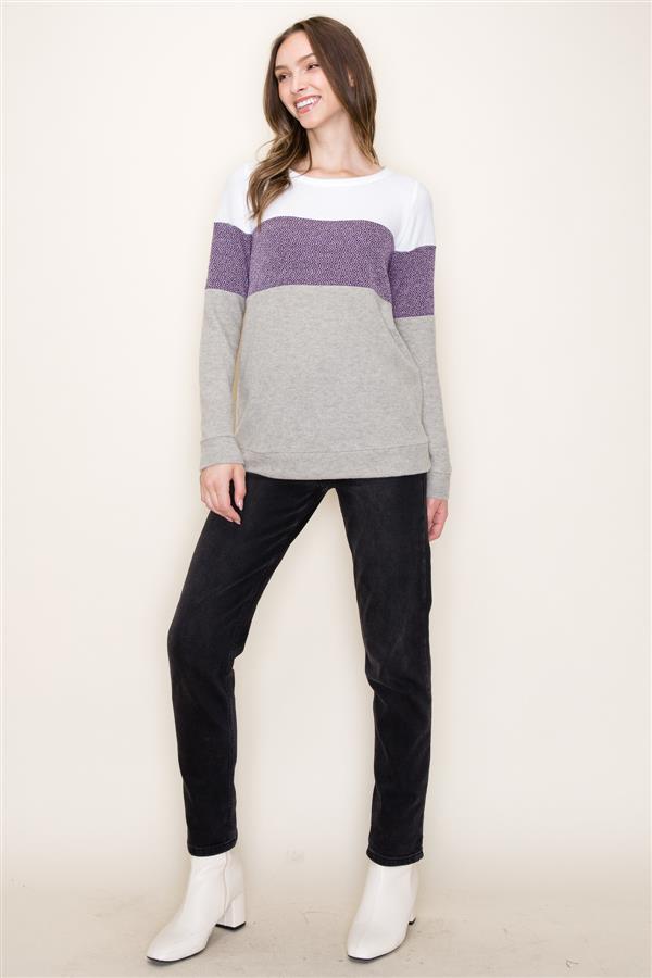 Long Sleeve Round Neck Color Block Brushed Knit Top