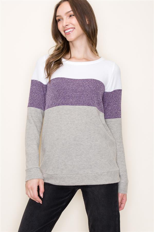 Long Sleeve Round Neck Color Block Brushed Knit Top