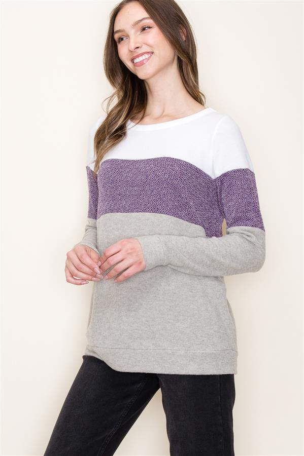 Long Sleeve Round Neck Color Block Brushed Knit Top