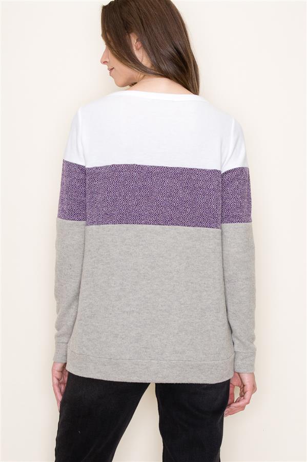 Long Sleeve Round Neck Color Block Brushed Knit Top