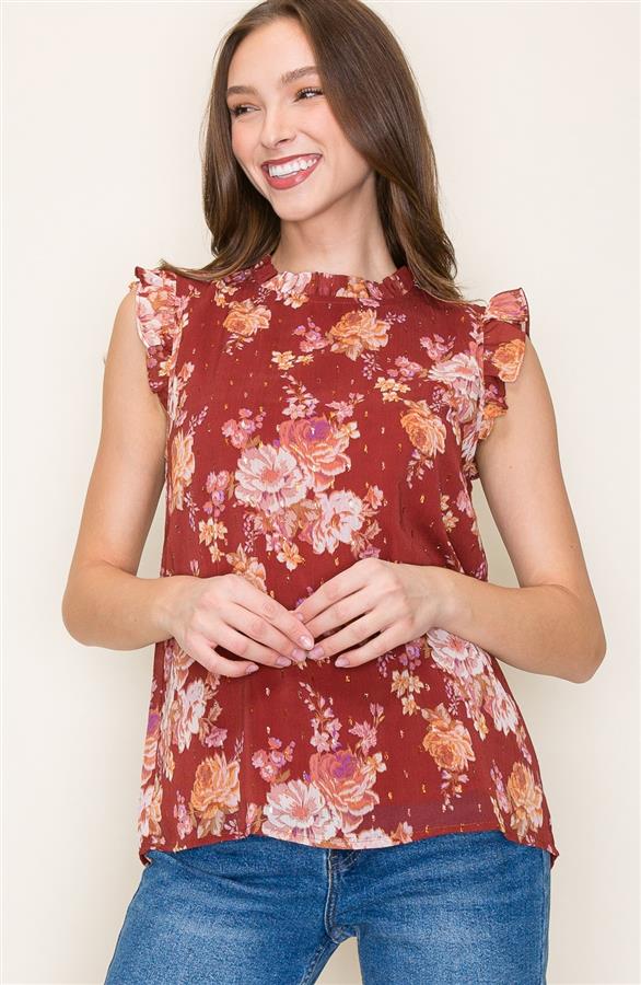 Ruffle Detailed Sleeveless Floral Print Top