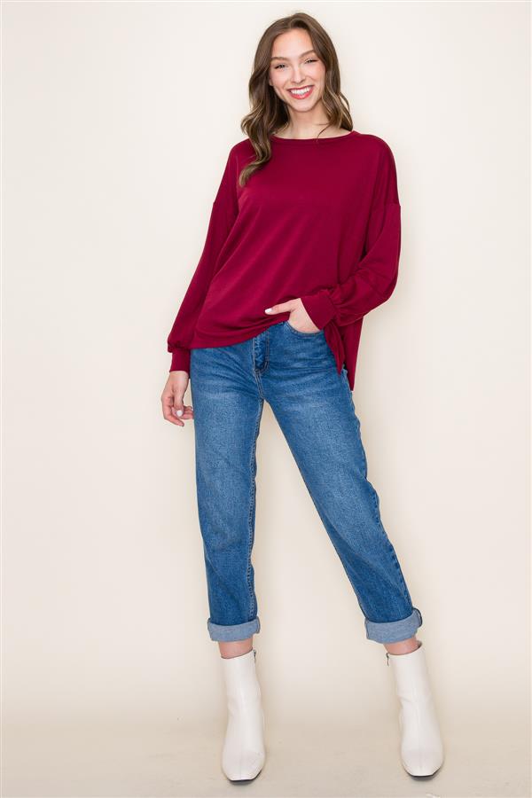 Long Sleeve Round Neck Side Slit Knit Top