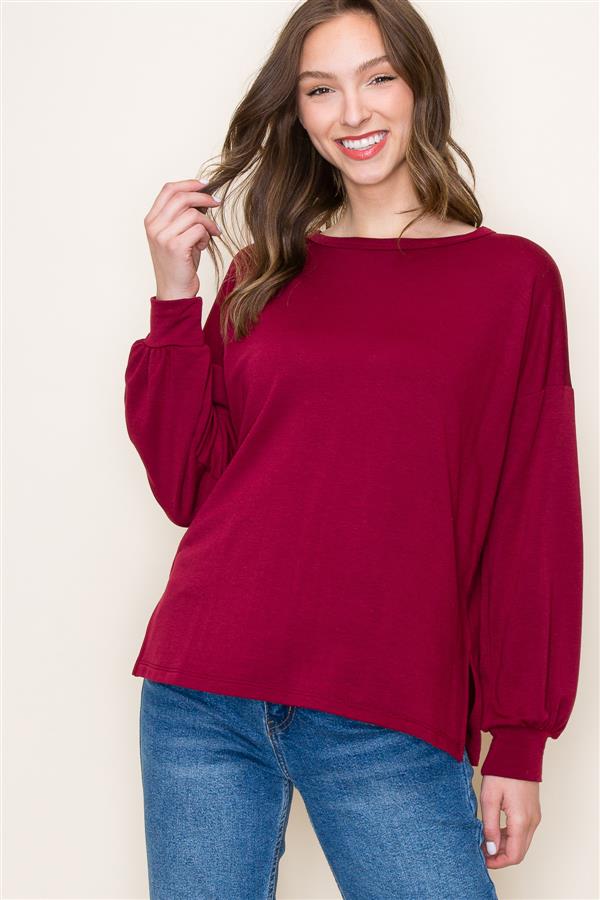 Long Sleeve Round Neck Side Slit Knit Top