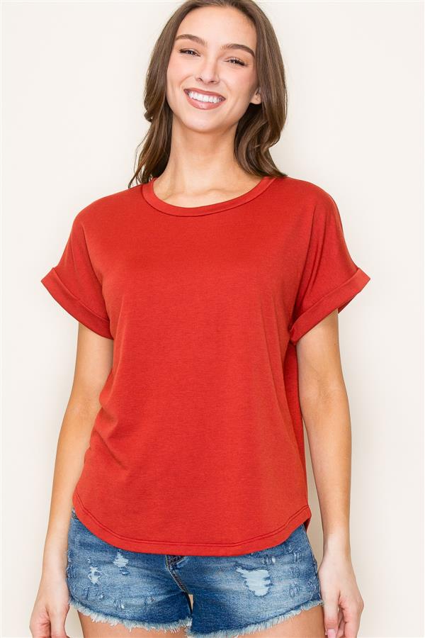 Crew Neck Rolled Up Short Sleeve Knit Top