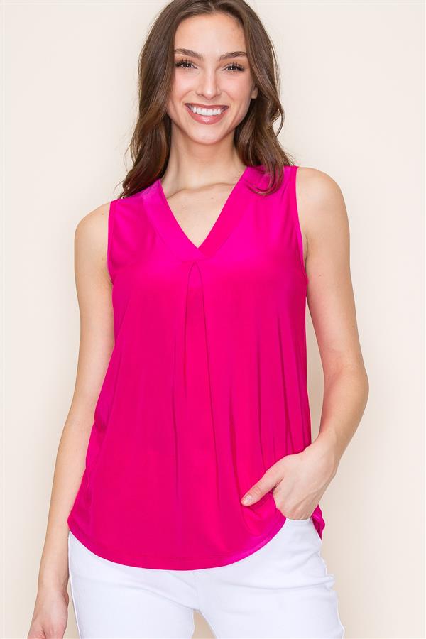 V-Neck Sleeveless Tank w/Pleated Center Front Hot Pink