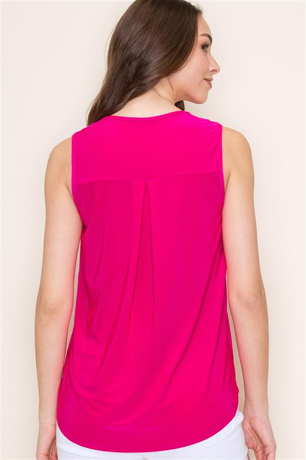 V-Neck Sleeveless Tank w/Pleated Center Front Hot Pink