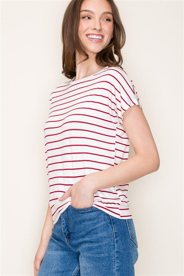 Crew Neck Short Sleeve Striped Jersey Knit Top