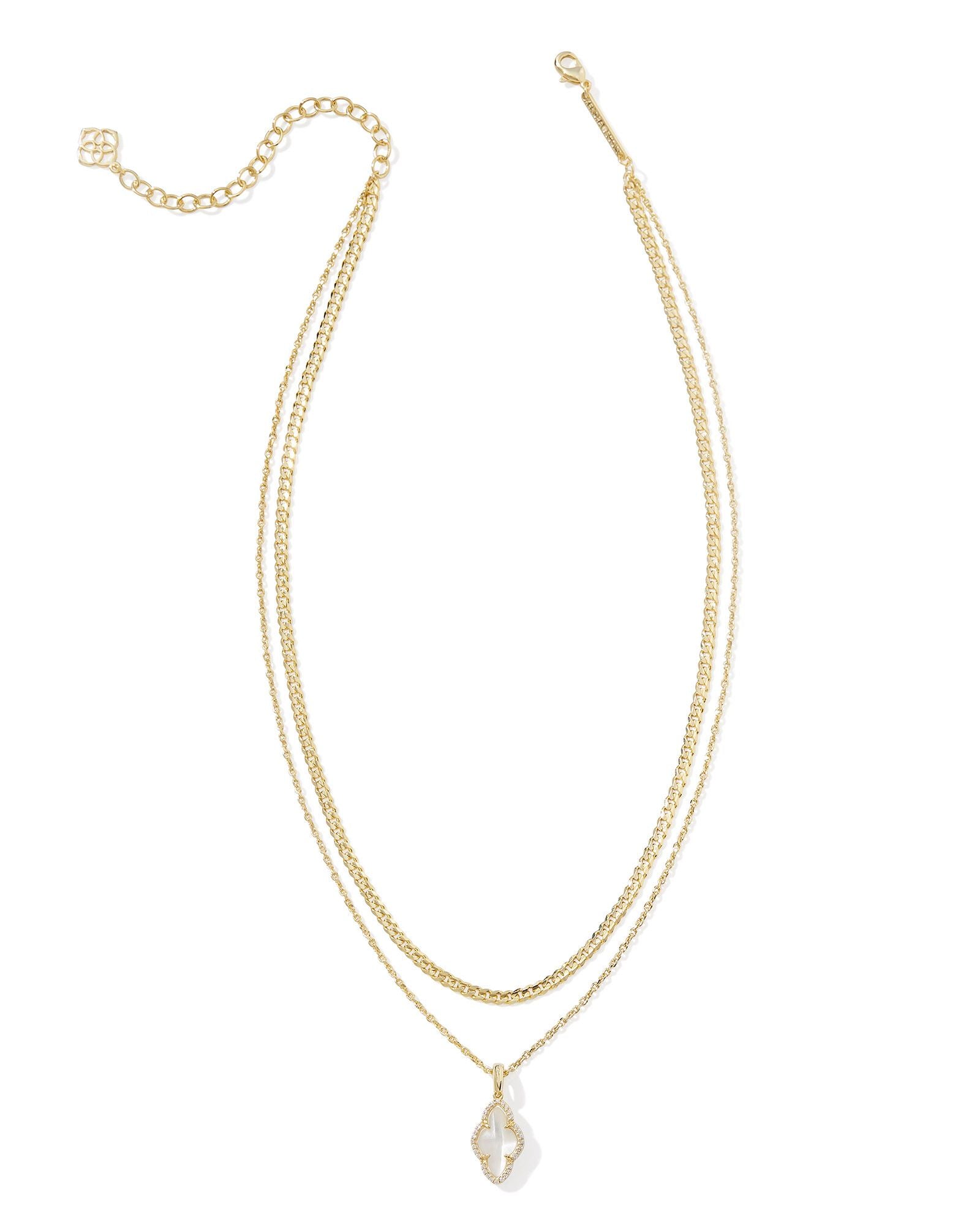 Abbie Gold Pave Frame Multi Strand Necklace Ivory MOP