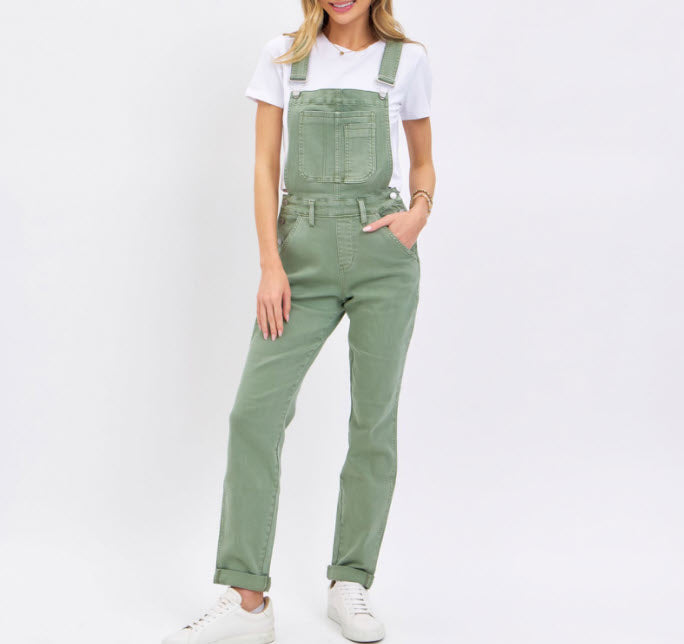 High Waist Garment Dyed Boyfriend Overalls Sage