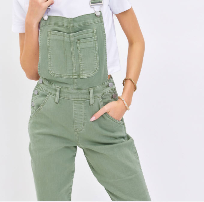 High Waist Garment Dyed Boyfriend Overalls Sage