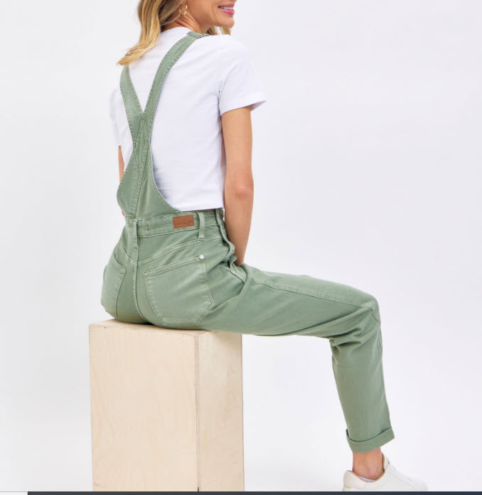 High Waist Garment Dyed Boyfriend Overalls Sage