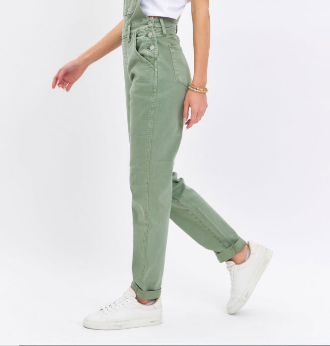 High Waist Garment Dyed Boyfriend Overalls Sage