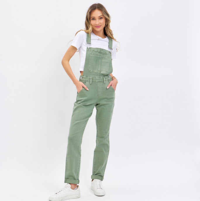 High Waist Garment Dyed Boyfriend Overalls Sage