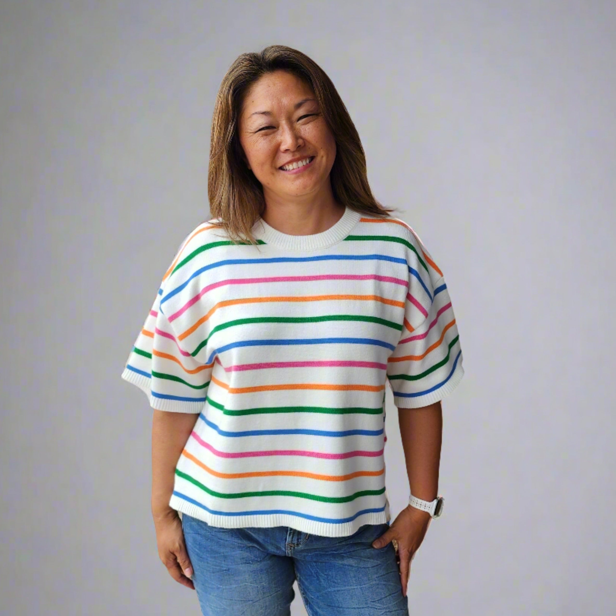 Sale Short Sleeve Multi Striped Sweater