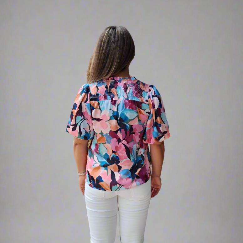 Sale Puff Sleeve Floral Print top w/Tassel Ties