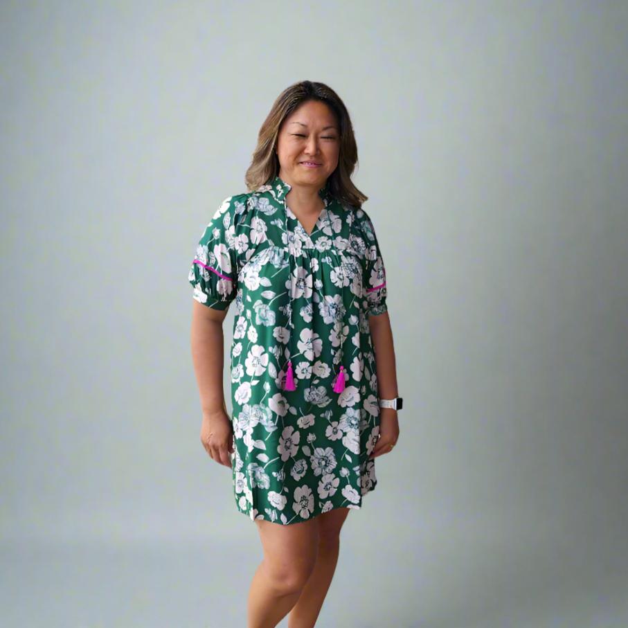 Short Sleeve Green Floral Print Dress