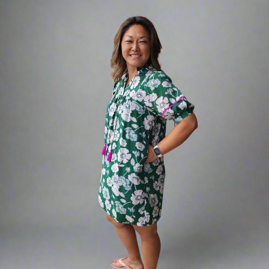 Short Sleeve Green Floral Print Dress