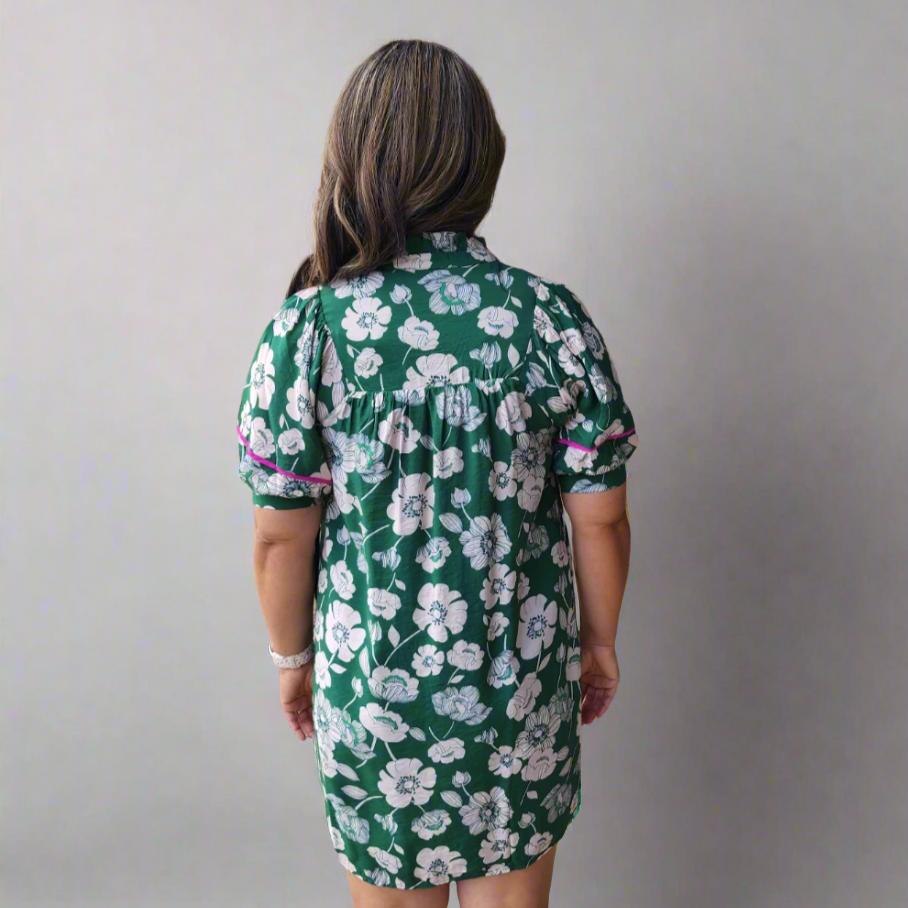 Short Sleeve Green Floral Print Dress