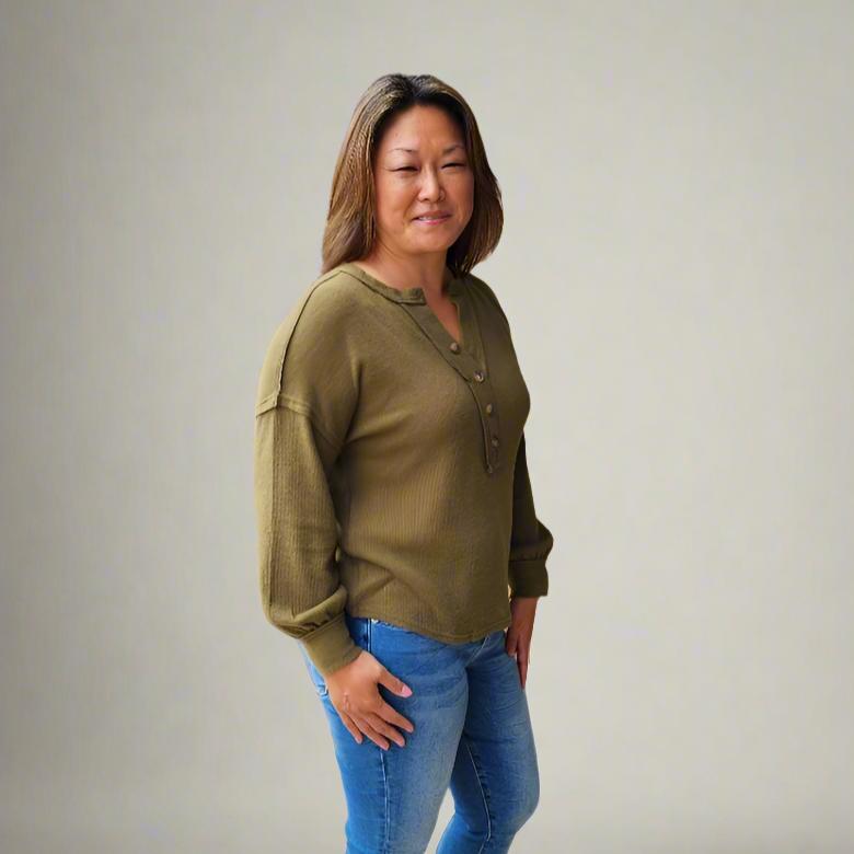 Long Sleeve V-Neck Button Down Henley Olive