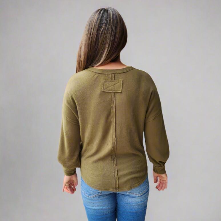 Long Sleeve V-Neck Button Down Henley Olive