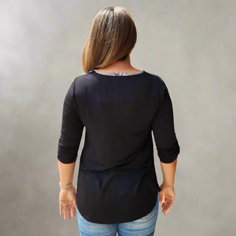 3/4 Sleeve Print Front Solid Sleeve & Back Top