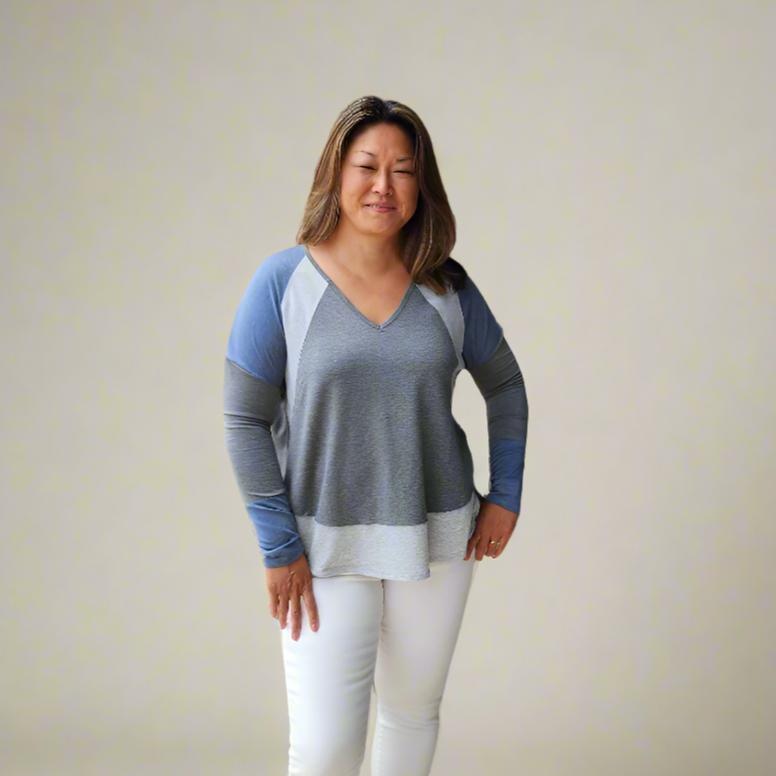 Long Sleeve Color Block V-Neck Top