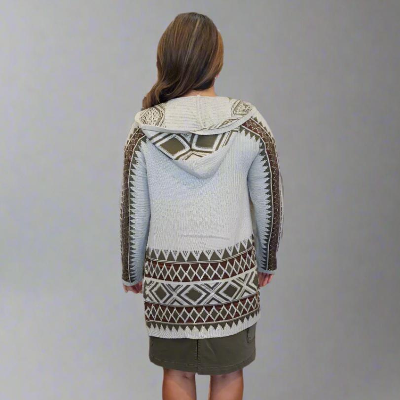 Aztec Print Hooded Open Front Cardigan