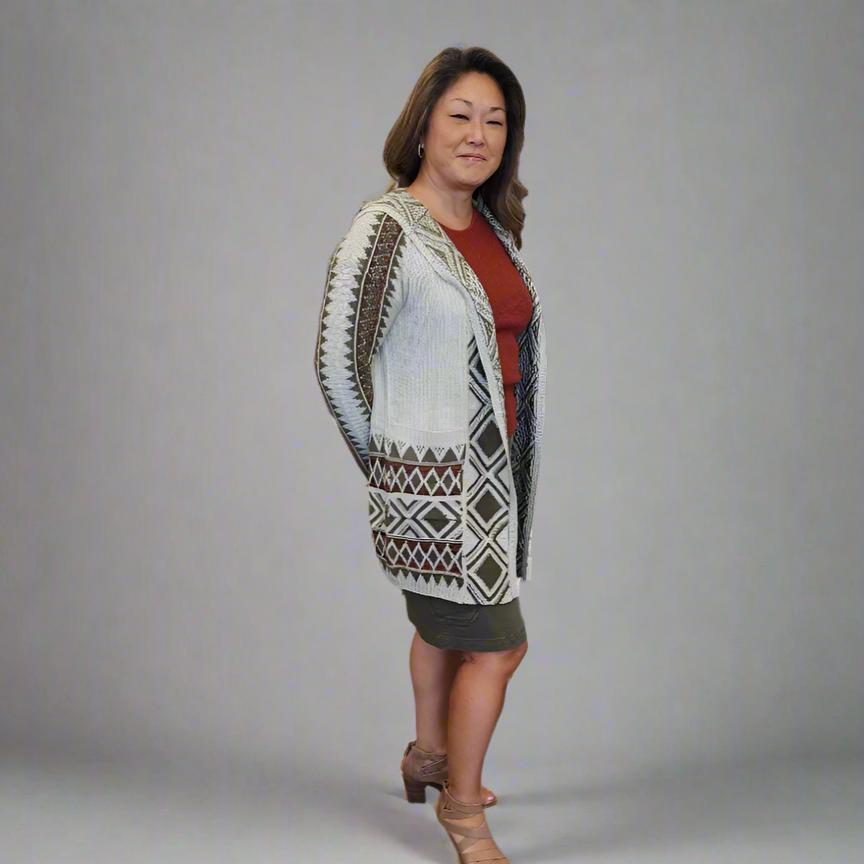 Aztec Print Hooded Open Front Cardigan