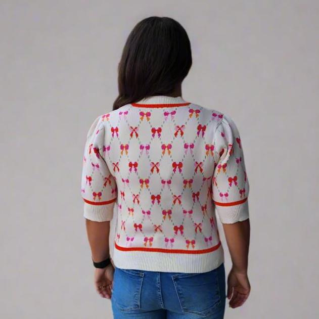 Sale Short Sleeve Ribbon Print Sweater