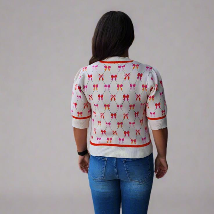 Short Sleeve Ribbon Print Sweater