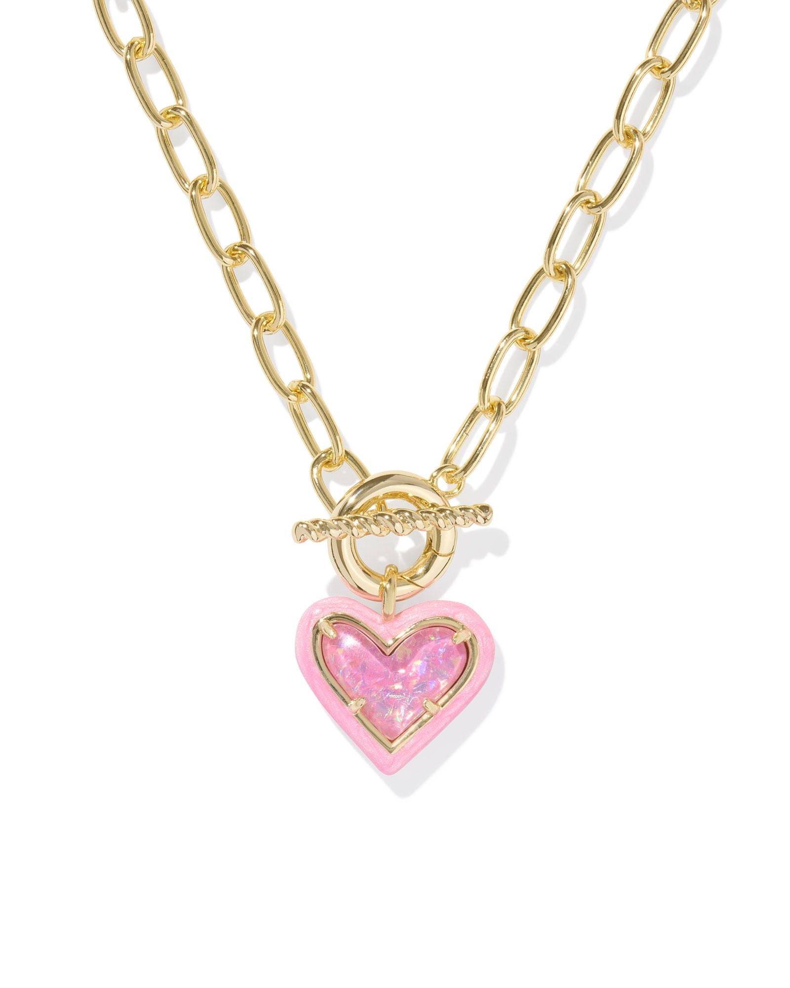 Ari Heart Gold Enamel Frame Link and Chain Necklace Pink Iridescent Glitter Glass