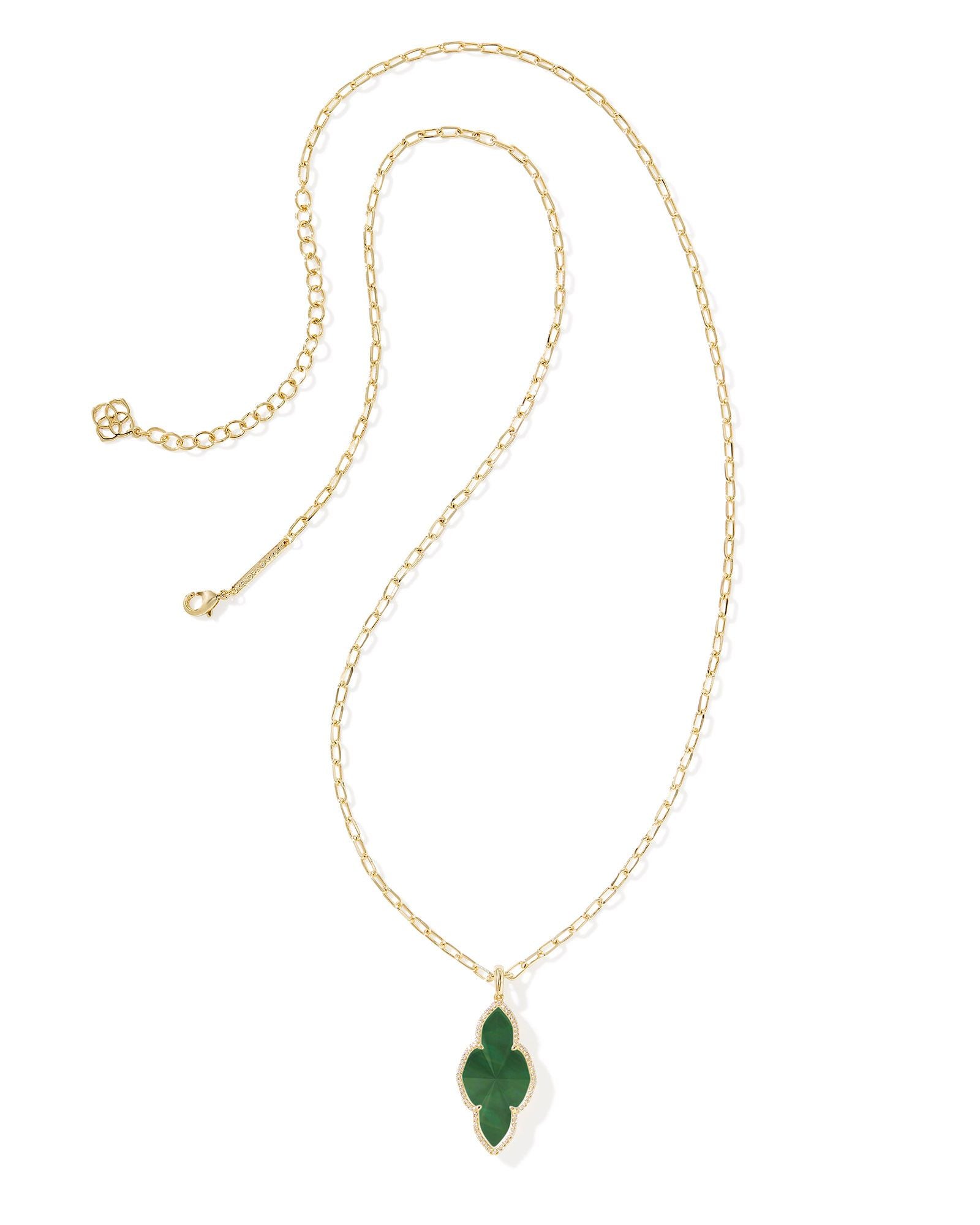 Abbie Gold Pave Frame Large Long Pendant Necklace Green Illusion