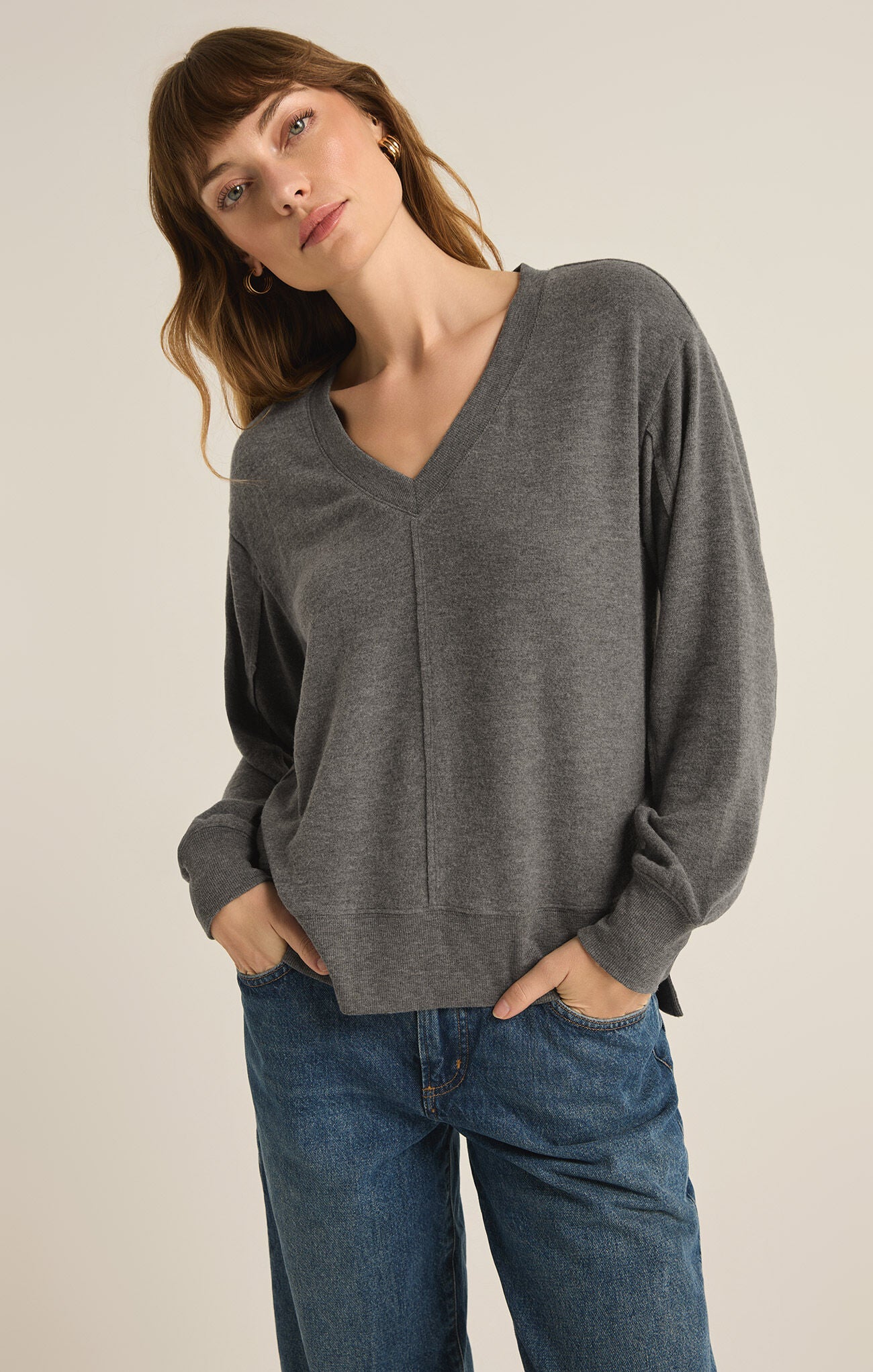 Wilder Cloud V-Neck Long Sleeve Top Charcoal Heather