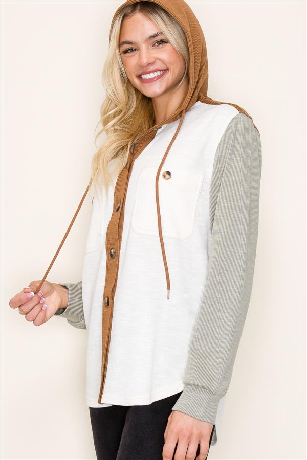 Long Sleeve Color Block Ribbed Knit Hooded Shacket