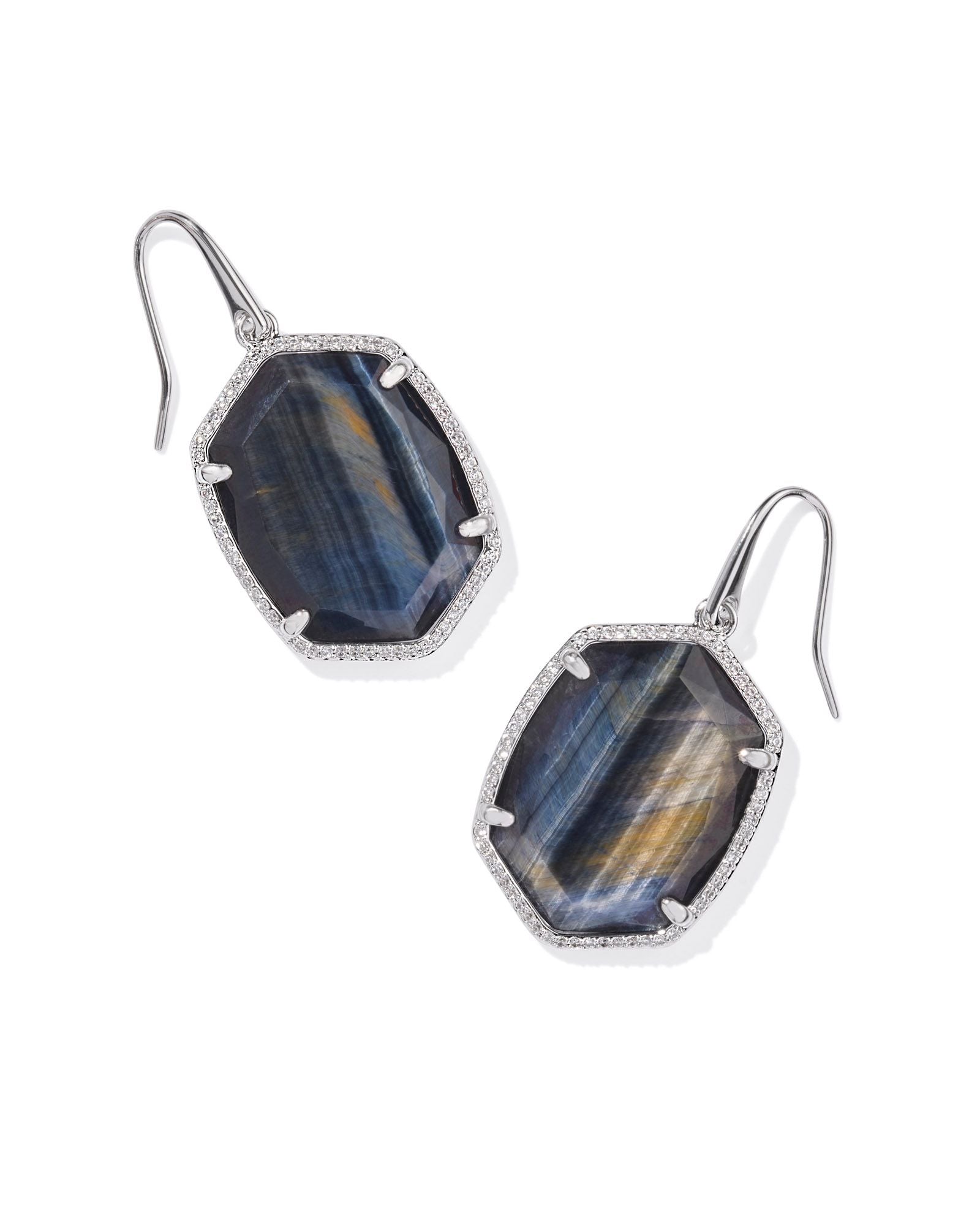 Daphne Silver Pave Frame Drop Earrings Navy Tiger's Eye