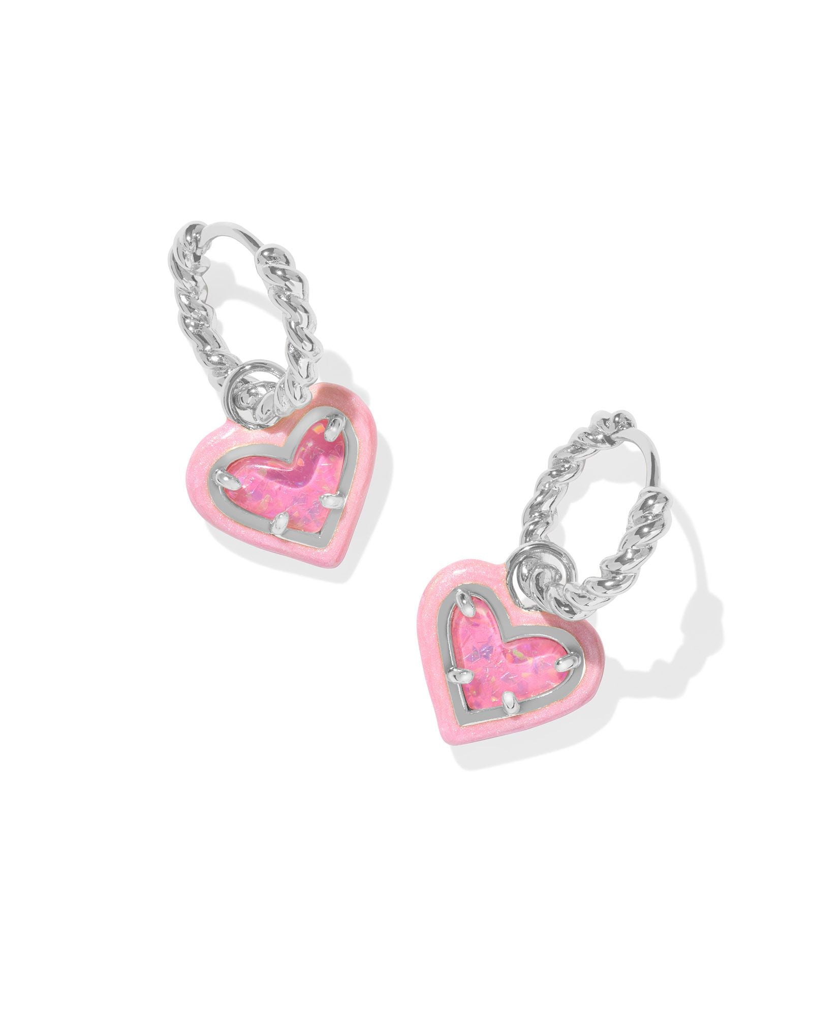 Ari Heart Silver Enamel Frame Huggie Earrings Pink Iridescent Glitter Glass