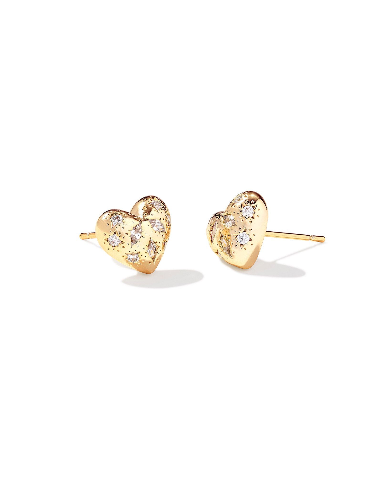 Holland Gold Heart Stud Earrings White Crystal