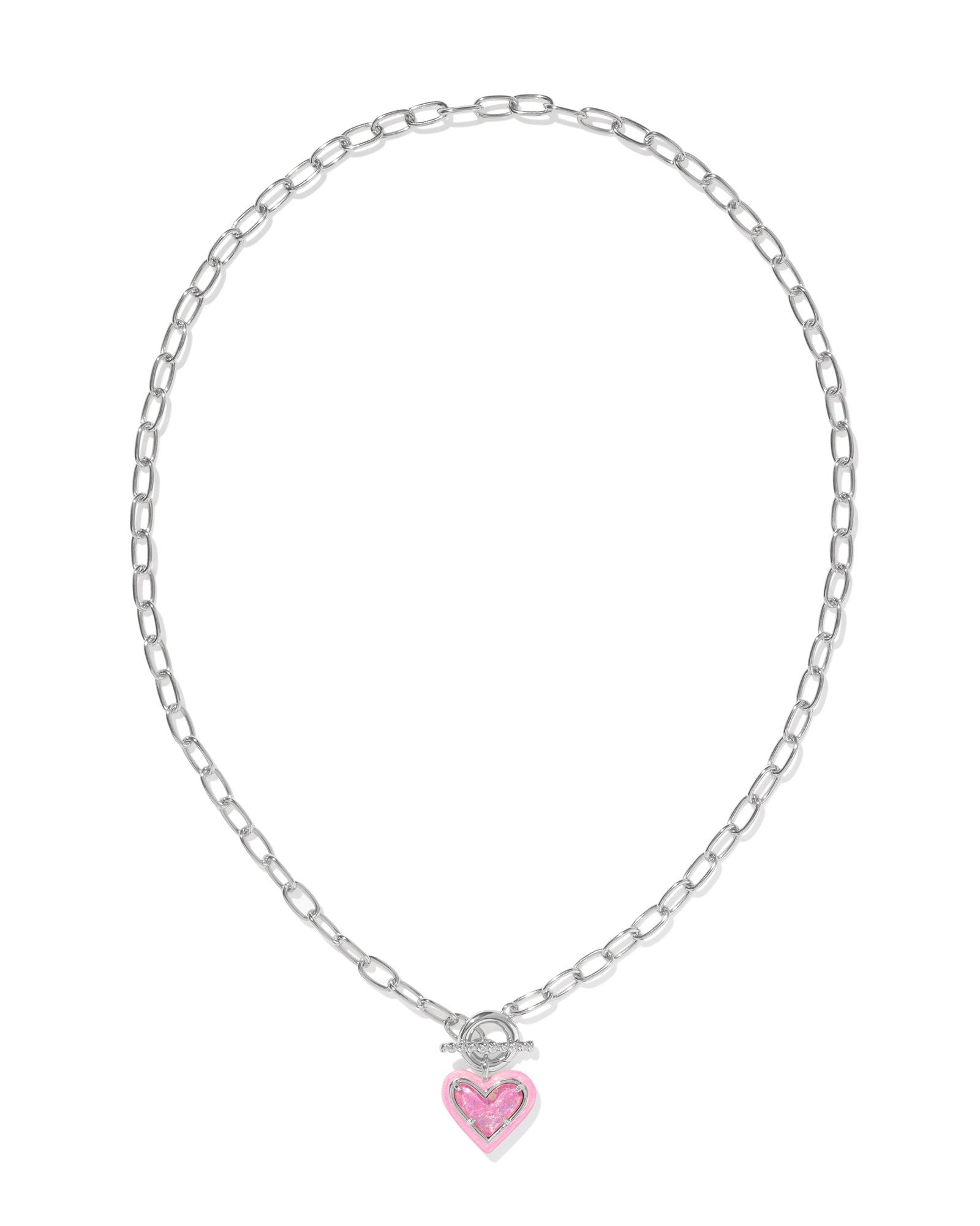 Ari Heart Silver Enamel Frame Link and Chain Necklace Pink Iridescent Glitter Glass