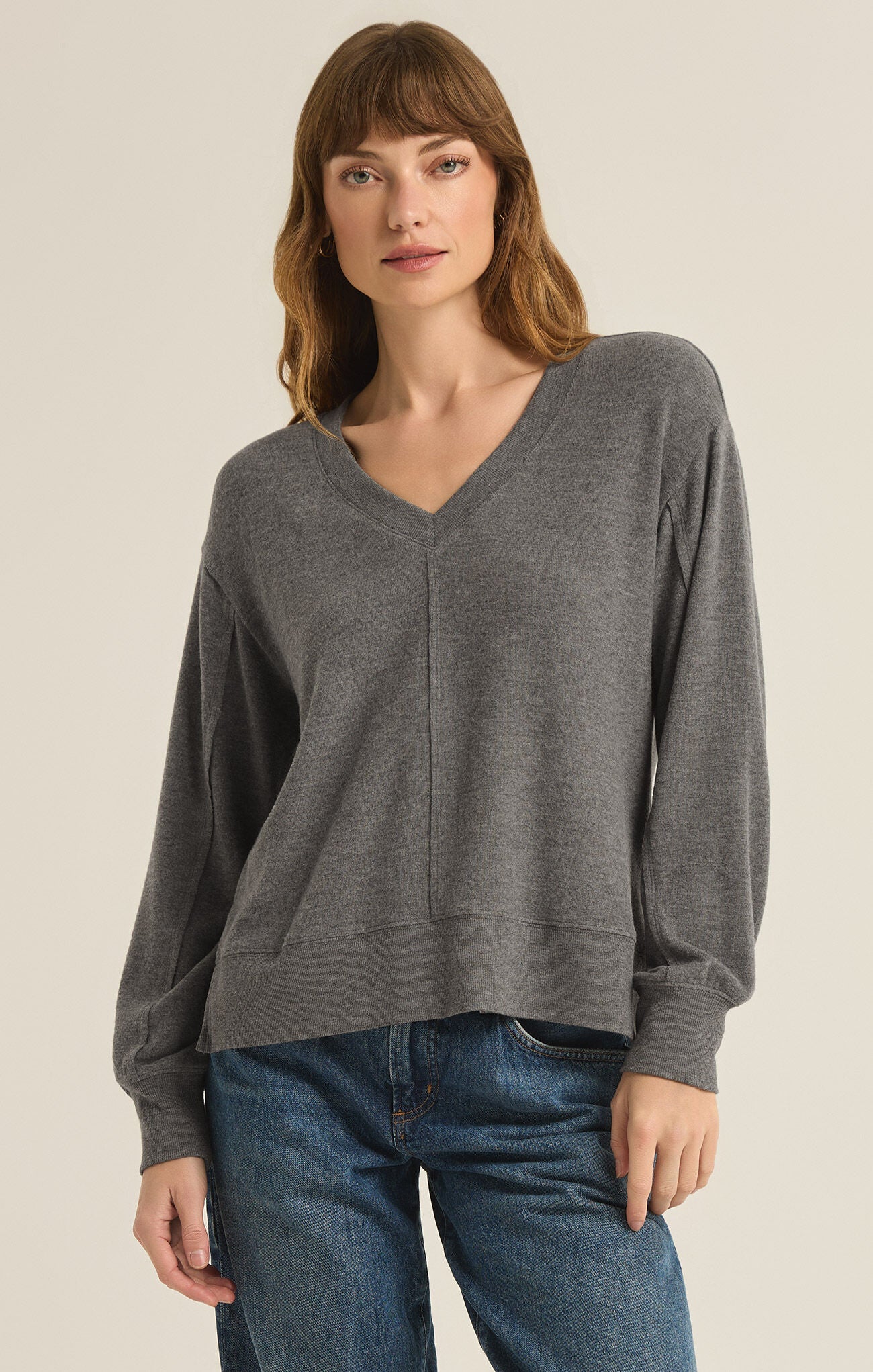 Wilder Cloud V-Neck Long Sleeve Top Charcoal Heather