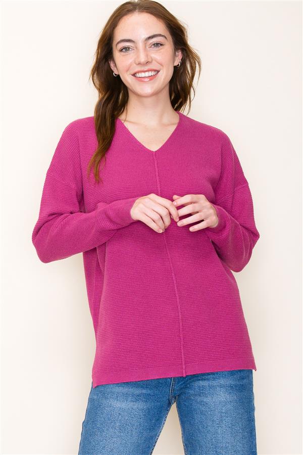 Long Sleeve V-Neck Mini Waffle Pullover Sweater Berry