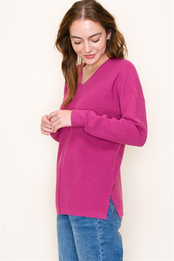 Long Sleeve V-Neck Mini Waffle Pullover Sweater Berry